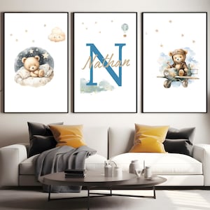 Set of 3 Custom Teddy Bear nursery wall art print| Personalized name Teddy bear Nursery Decor| Nursery Child Kids Decor| Cloud, Moon, Ballon