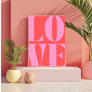 Love Art Print, Retro 70s Love Poster, Trendy Wall Print, Y2K Preppy Aesthetic, Pink Orange Typography, Digital Print, Neutral Art,y2k decor