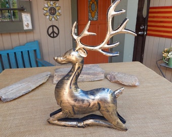Large Antique Gold Finish Aluminum Resting Stag  ~  Resting Deer Statuette  ~  Lightweight Aluminum Deer or Stag  ~  12 3/4"  x  9"  Wide