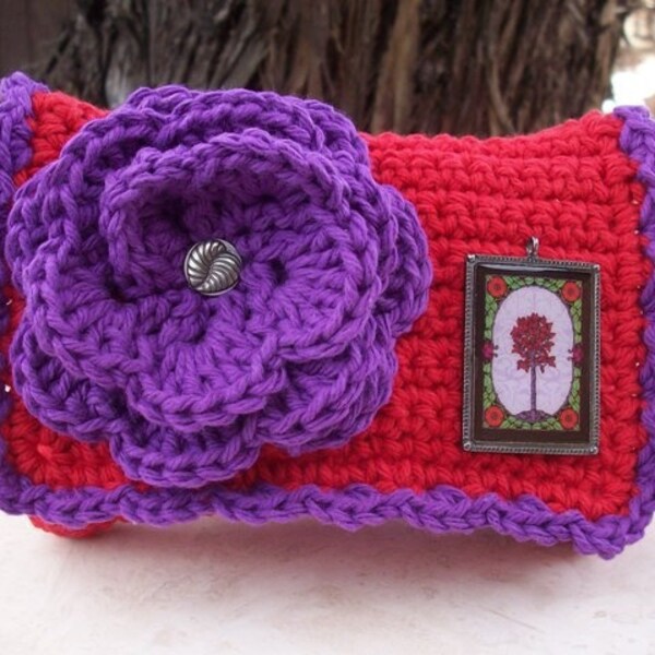 Special Price!  ~  Crocheted Purse  ~  Red and Purple with Flowers Crocheted Little Bit Purse