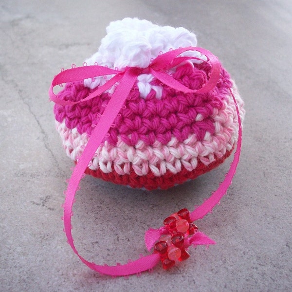 Crocheted Cotton Drawstring Pouch (100 Yen Pouch) in Hot Pink, Pastel Pink, Red, Blue and White