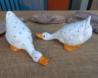 2 Hand Painted Ceramic Ducks  ~  Country Charm Hand Painted Ceramic Ducks  ~  Country Home Decor Floral Hand Painted Ceramic Head Down Ducks