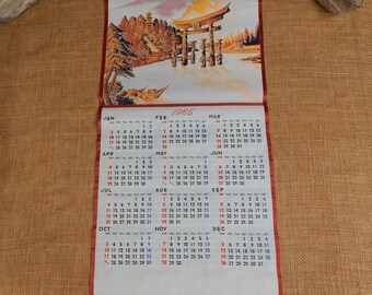 1965 Scroll Calendar  ~  1965 Asian Scroll Calendar with Pagoda, Boats, Mountains & Lake  ~  1965 Shiny Silk Embroidered Scroll Calendar