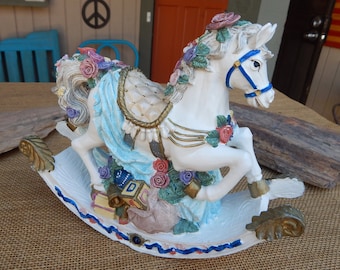 White Rocking Horse with Roses and Gifts  ~  Feminine Shabby Style in Muted Pastels  ~  Soft Pastel Roses on White Horse  ~  Display Horse