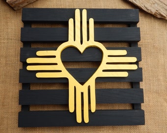 New Mexico Love Wall Art  / Large Solid Wood Hand Crafted in New Mexico  / Yellow Zia Symbol with Heart in Center on Black Painted Wood
