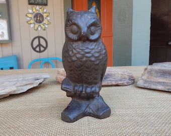 Cast Iron Owl on Stump  ~  5 1/2" Cast Iron Owl  ~  Thick Cast Iron Owl Figure Standing on Stump  ~  Indoor or Outdoor Cast Iron Owl Decor