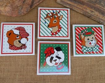 4 Christmas Animal Tiles  ~  4 1/4" x 4 1/4"  ~  Christmas Themed Tiles  ~  Reindeer ~ Cat ~ Teddy Bear ~ Panda Bear  ~  Christmas Serving