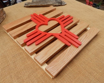 New Mexico Love Wall Art  / Large Solid Wood Hand Crafted in New Mexico  /  Red Zia Symbol with Heart in Center on Natural Clear Finish Wood