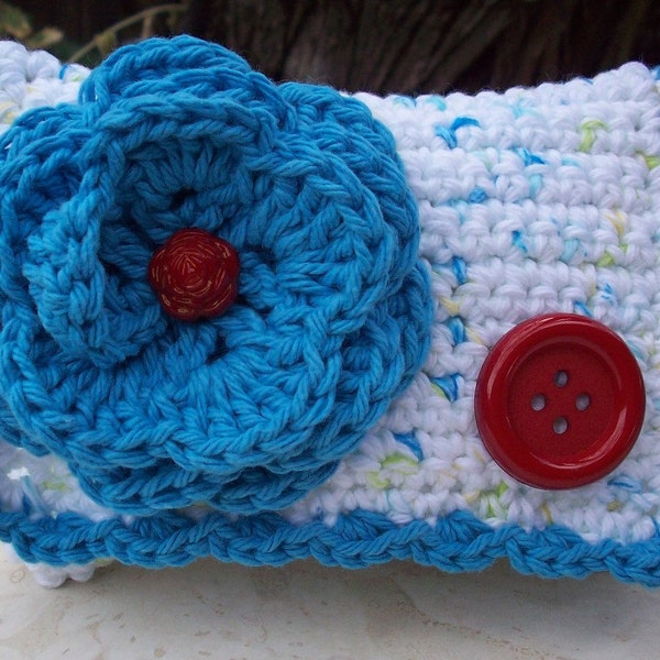 HALF PRICE CLEARANCE  ~  Crocheted Purse  ~  Turquoise, Red and Tweed with Button Crocheted Cotton Little Bit Purse