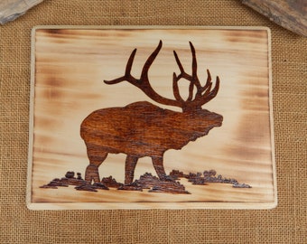 Wood Burning Bull Elk Plaque  ~  11 1/2&quot;  x  8 1/2&quot;  x  3/4&quot; Plaque  ~  Solid Wood Plaque with Wood Burned Bull Elk  ~  Hunter&#39;s Gift