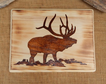 Wood Burning Bull Elk Plaque  ~  11 1/2"  x  8 1/2"  x  3/4" Plaque  ~  Solid Wood Plaque with Wood Burned Bull Elk  ~  Hunter's Gift