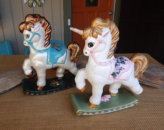 Ceramic Unicorn Rocking Horse & Ceramic Pony Rocking Horse  ~  1980's Artist Originals Hand Painted and Decorated  ~  Nursery Decor Horses