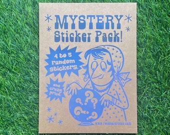 May include: A brown paper card with blue text that reads "*MYSTERY* Sticker Pack!" and "4 to 5 random stickers."  A cartoon illustration of a woman with a blue bandana holding a blue crystal ball with question marks. The text "one crazy price" is also on the card.