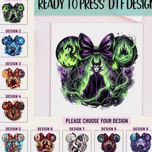 May include: A collection of nine ready to press DTF designs featuring various characters in a mouse ear silhouette with a bow. The main graphic shows a purple and green character with a dragon, castle, and thorns. Text reads READY TO PRESS DTF DESIGN.
