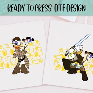 May include: Two white DTF design prints featuring Disney characters in Star Wars themes. One shows Daisy Duck in a brown outfit, and the other shows Donald Duck with a lightsaber. The Star Wars logo is in yellow.