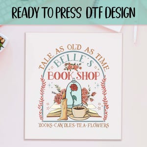 Belle's Book Shop Ready to Press DTF, Disney Transfer Print, Heat Press DTF Transfer, Beauty And Beast DTF Transfer Prints, Bookish Gift afbeelding 1