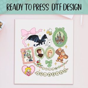 May include: DTF design featuring various cartoon characters and elements, including a black dragon, a pink bow, and a castle. The design also includes the text "EPIC UNIVERSE" and is ready to press.