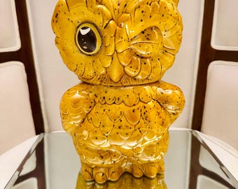 Vintage Mustard Yellow Owl Cookie Jar | Mid-Century Owl Canister | Speckled Ceramic Owl Kitchen Decor | Retro Harvest Decor