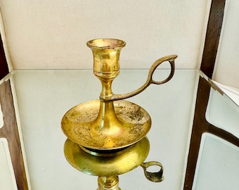 Vintage Brass Chamberstick for Mantel | Primitive Candle Holder with Finger Loop Handle