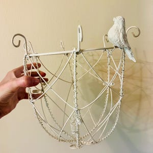 Bird Decor Hanging Planter for Sunroom | Vintage White Wire Basket with Perched Bird