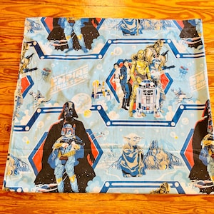 Può includere: Una federa in tessuto azzurro con una stampa ripetuta di Star Wars The Empire Strikes Back. Il motivo mostra vari personaggi tra cui Darth Vader, Boba Fett, Yoda, C-3PO, R2-D2 e Chewbacca, inseriti all'interno di cornici esagonali blu e rosse.