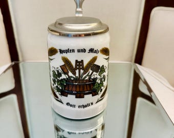 Vintage Duitse bierpul met deksel | Melkglazen mok met tinnen deksel | Hopfen en Malz | Bargerei West-Duitsland | Cadeau voor bierliefhebber