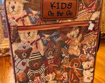 Vintage Teddy Bear Suitcase for Nursery Decor | Rolling Kids On the Go Tapestry Carry-On Luggage