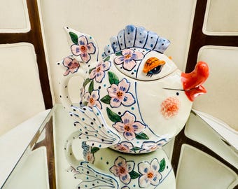 Floral Cottage Decor for Tea Cart | Whimsical Hand Painted Fish Shaped Teapot
