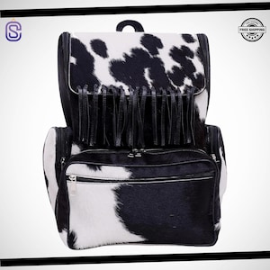 Unique Cowhide Black Leather Backpack - Women&#39;s Fringed Diaper Bag - Tan/Black Animal