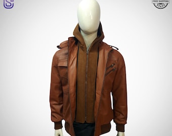 Men's Brown Distressed Retro Leather Jacket with Hood | Detachable Hooded Jacket |  Gift For Him |
