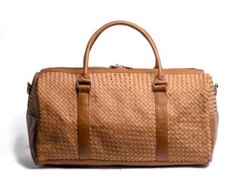Handwoven Leather Black and Brown Duffel Bag for Men's and Women's - Large Size Travel Leather Duffel Bag, Unisex Unique Weekender Duffel