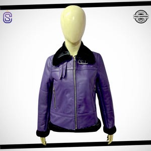Women&#39;s Handmade Purple Shearling Leather Bomber Jacket | Lambskin Vintage Bomber Style Fur Jacket | Gift For Her |