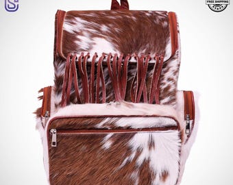 Unique Cowhide Leather Backpack - Women's Fringed Diaper Bag - Tan/Brown Animal