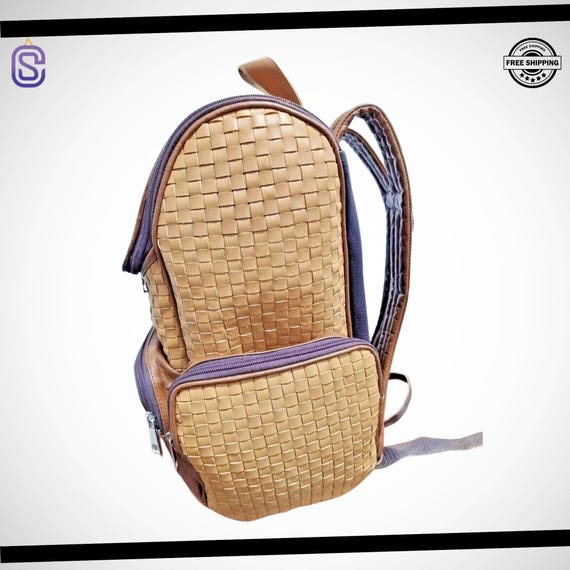 Tan Brown Leather Handwoven Cowhide Travel Backpack  display picture 2