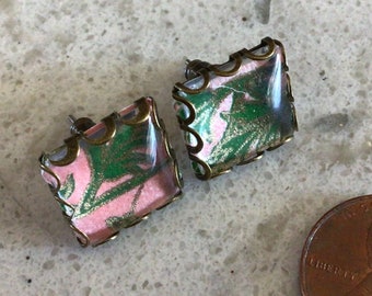 Pink and green Kimono print square earrings stud style