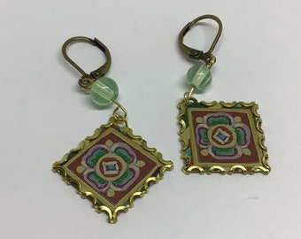 Recycled tin earrings Medieval floral print green accent bead