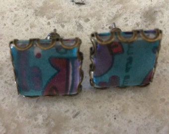 Kimono print square earrings stud style multicolor