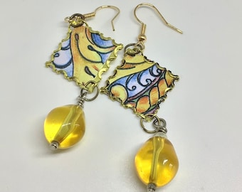 Recycled tin earrings Blue peach golden yellow dangle