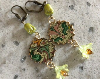 Recycled tin earrings green floral extra long spring
