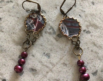 Ode to Patience Worth recycled tin earrings freshwater pearls