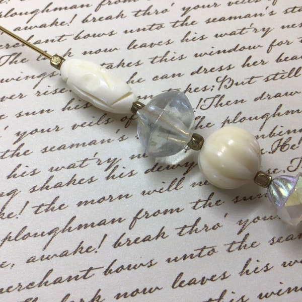 Victorian style hatpin with crystal and white carved bone accents