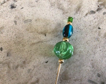 Fancy hat pin with green and blue beads