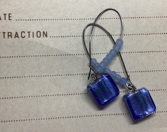 Handmade earrings blue foil beads with sea glass style accents kidney wire