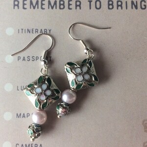 Cloisonne and Pearl Earrings Pink and Green