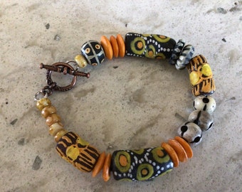 Boho stacker bracelet krobo and bone beads