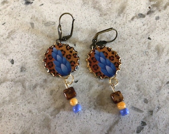 Recycled tin earrings leopard print with blue flower