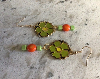 Psychedelic hippie earrings neon green and orange daisies