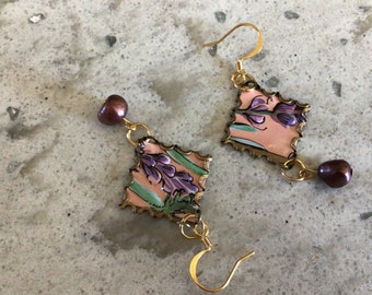 Recycled tin earrings pink with lavender flowers pearls