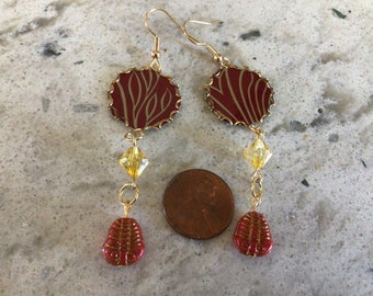 Recycled tin earrings fancy lady deep red and gold