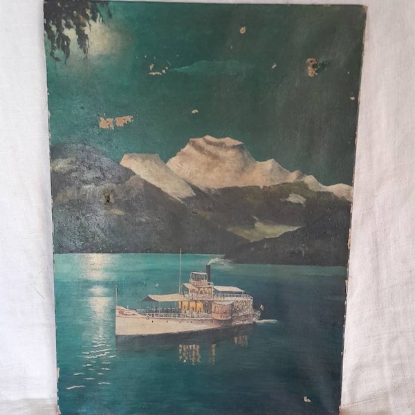 Peinture huile sur toile bateau à vapeur lac d Annecy France 1920 painting oil on canvas steamer on the Annecy lake France 1920